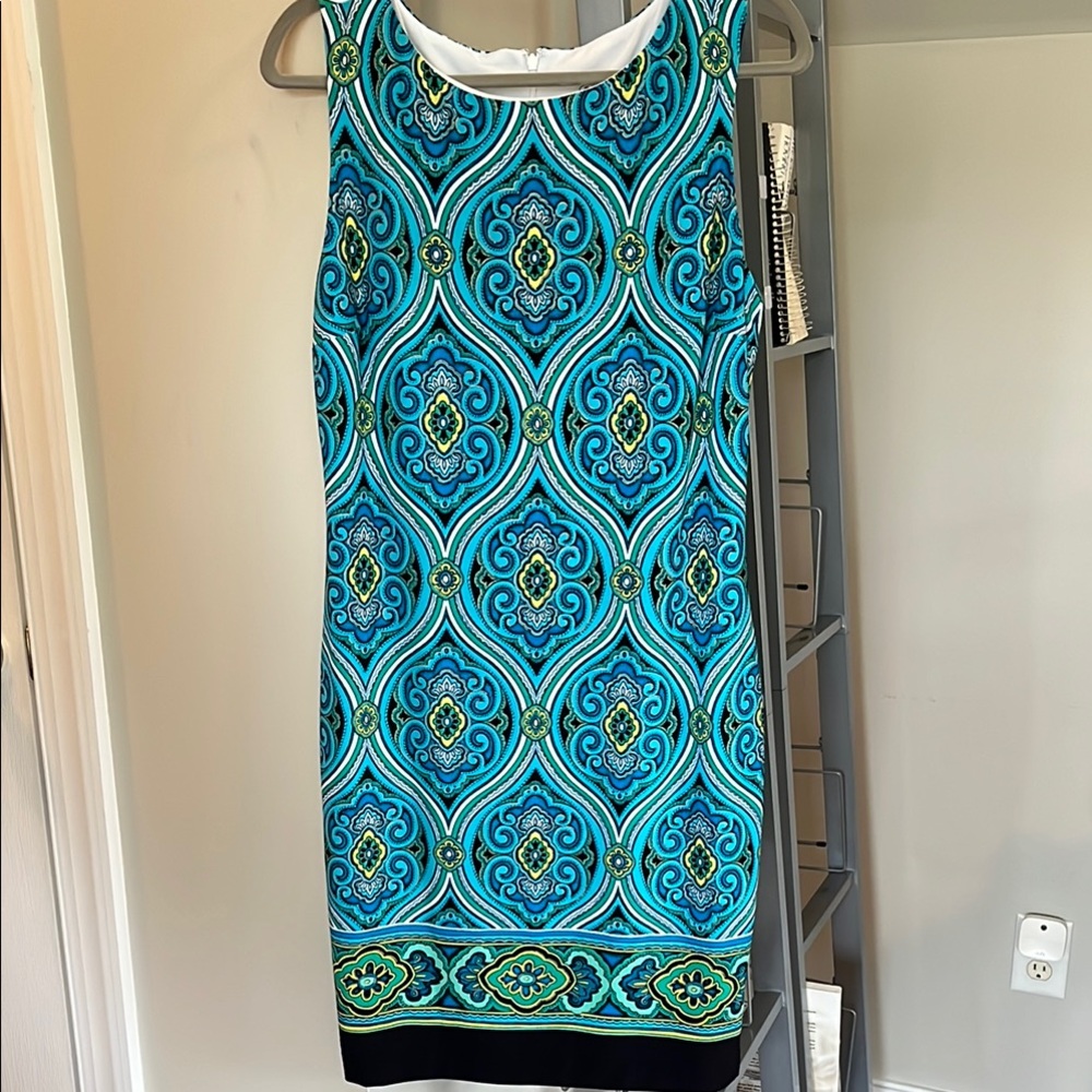 Cache Elegant Blue, Teal, and Gold Patterned Sleeveless Dress